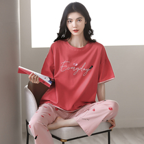 Model Pajamas Woman Spring Summer Round-collar Short-sleeved Trouser Printing Han Edition Bottom Household Clothes Two Pieces