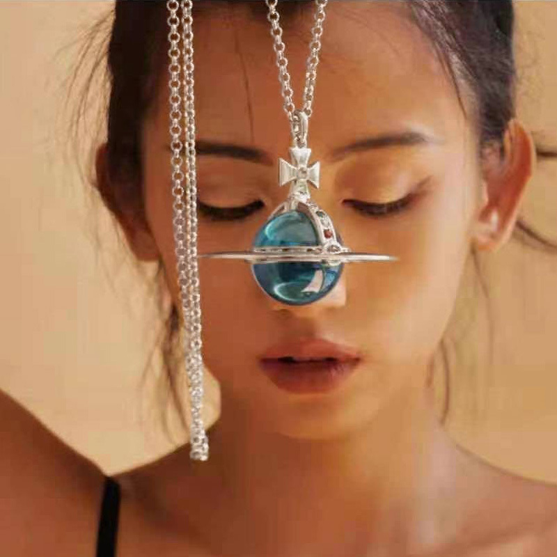 Nana Same Style - Personalized Simple Advanced Version with Diamond-Studded Colored Glass Ball Huge Orb Saturn Sweater Chain Necklace