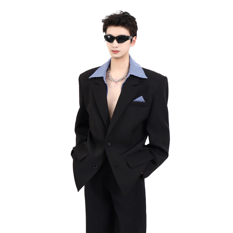 Unbound High-End Faux Two-Piece Black Blazer for Men, Niche Silhouette, Waist-Cinching, Shoulder-Padded Suit, Trendy