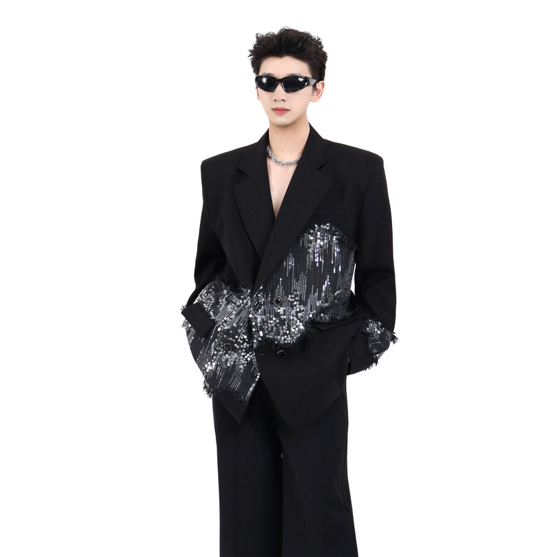 Unbound Niche Black Sequin Patchwork Blazer for Men, High-End Silhouette with Shoulder Pads, Cool and Luxurious Suit