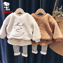 SNOOPY SNOOPY baby set super Foreign Air children 2021 New Winter men and women plus velvet two-piece set