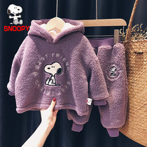 SNOOPY SNOOPY boys and girls Lamb hair set 2021 autumn and winter children plus velvet padded sweater two-piece set