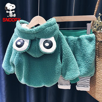 SNOOPY SNOOPY boy and women childrens set 2021 new autumn winter baby plus velvet padded two-piece set