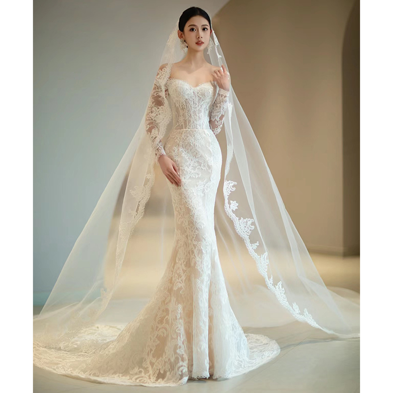 One word shoulder lace light wedding dress 2024 bride senior welcome long sleeves out door yarn One word shoulder lace light wedding dress 2024 bride senior welcome long sleeves out door yarn