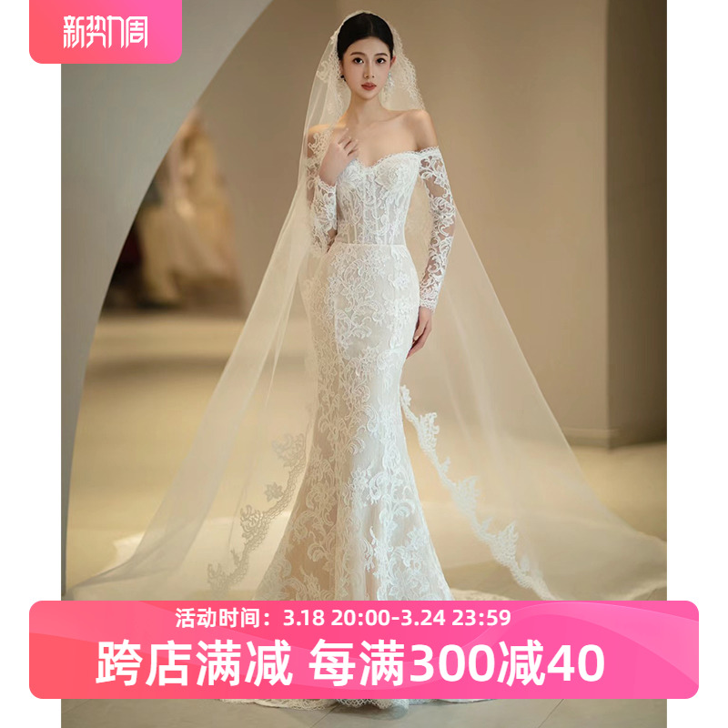 One word shoulder lace light wedding dress 2024 bride senior welcome long sleeves out door yarn One word shoulder lace light wedding dress 2024 bride senior welcome long sleeves out door yarn
