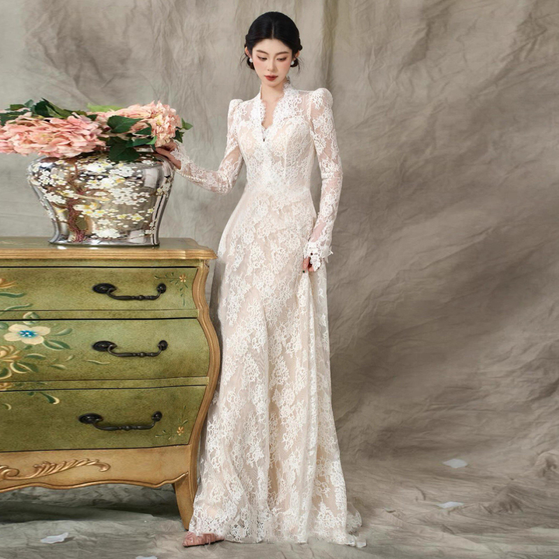 Lace Long-Sleeve Light Wedding Dress, French Retro High-End Style, Forest-Style White Engagement Dress, Slimming for Outings, Winter Lace Long-Sleeve Light Wedding Dress, French Retro High-End Style, Forest-Style White Engagement Dress, Slimming for Outings, Winter