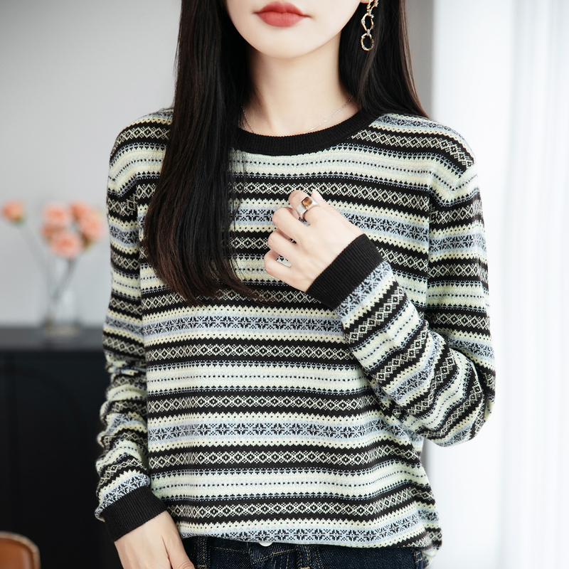 Fair Isle Jacquard Fine-Spun Wool Sweater for Women, Round Neck, Long-Sleeve, Versatile, Slim-Fit Base Sweater, Long-Sleeve Base Top