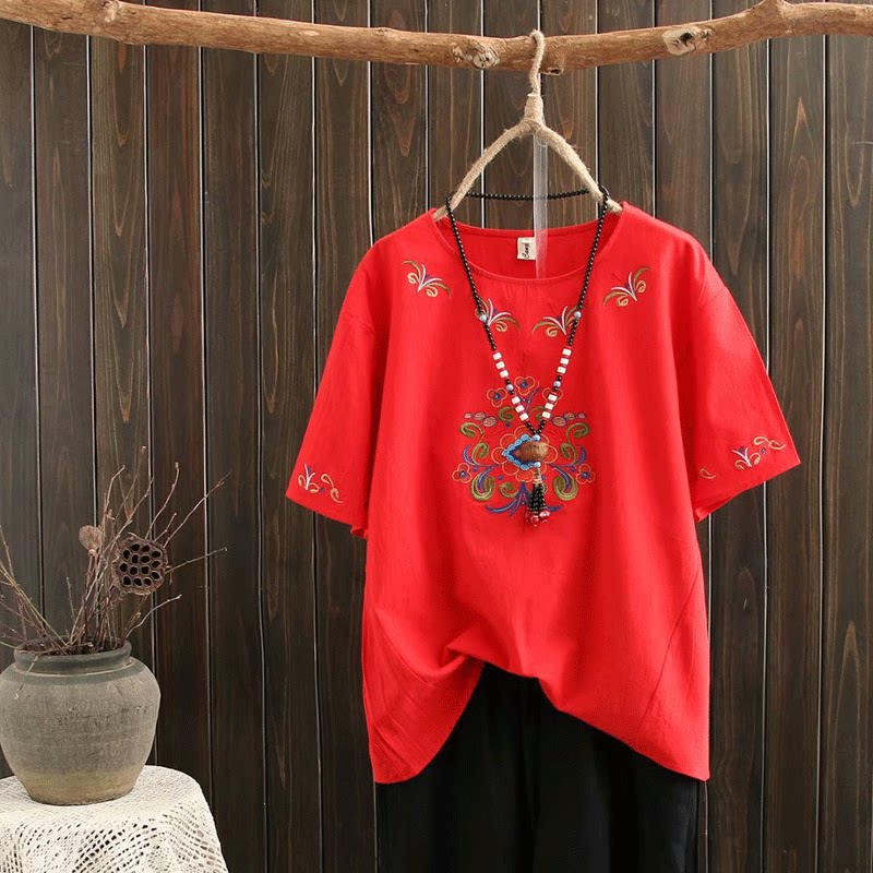 Fat mm fat, loose, cotton red embroidery large size women's clothes short sleeve T-shirt mom loaded 200 pounds