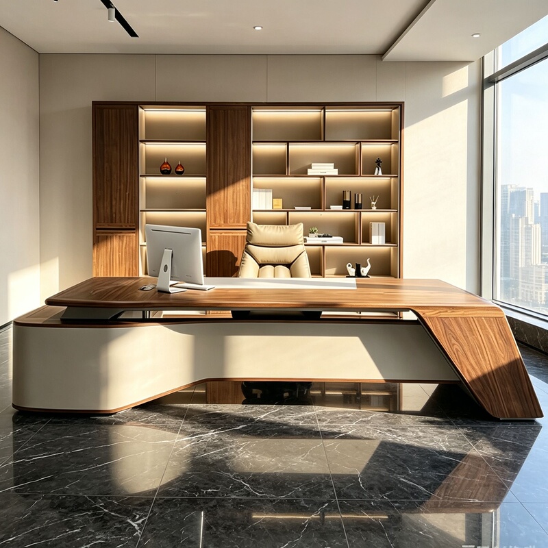 Light Luxury Curved Partition High-End Solid Wood Executive Desk Office Desk 2026 New Model Chairman's Desk with Side Table
