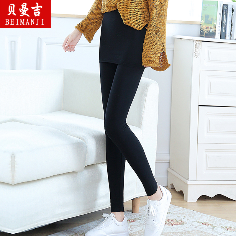 Leggings with a Faux Two-Piece Design for Women, Autumn and Winter, Fleece-Lined, Thickened, Warm, Suitable for Outerwear, Korean Style, Plus Size, High-Waisted, Skirt-Style, Hip-Hugging Pants