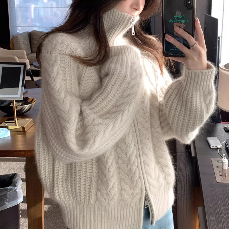 100% Pure Wool Turtleneck Cardigan for Women, European Style, Loose Fit, Zipper, Autumn and Winter, Casual Cashmere Knit Thick Coat