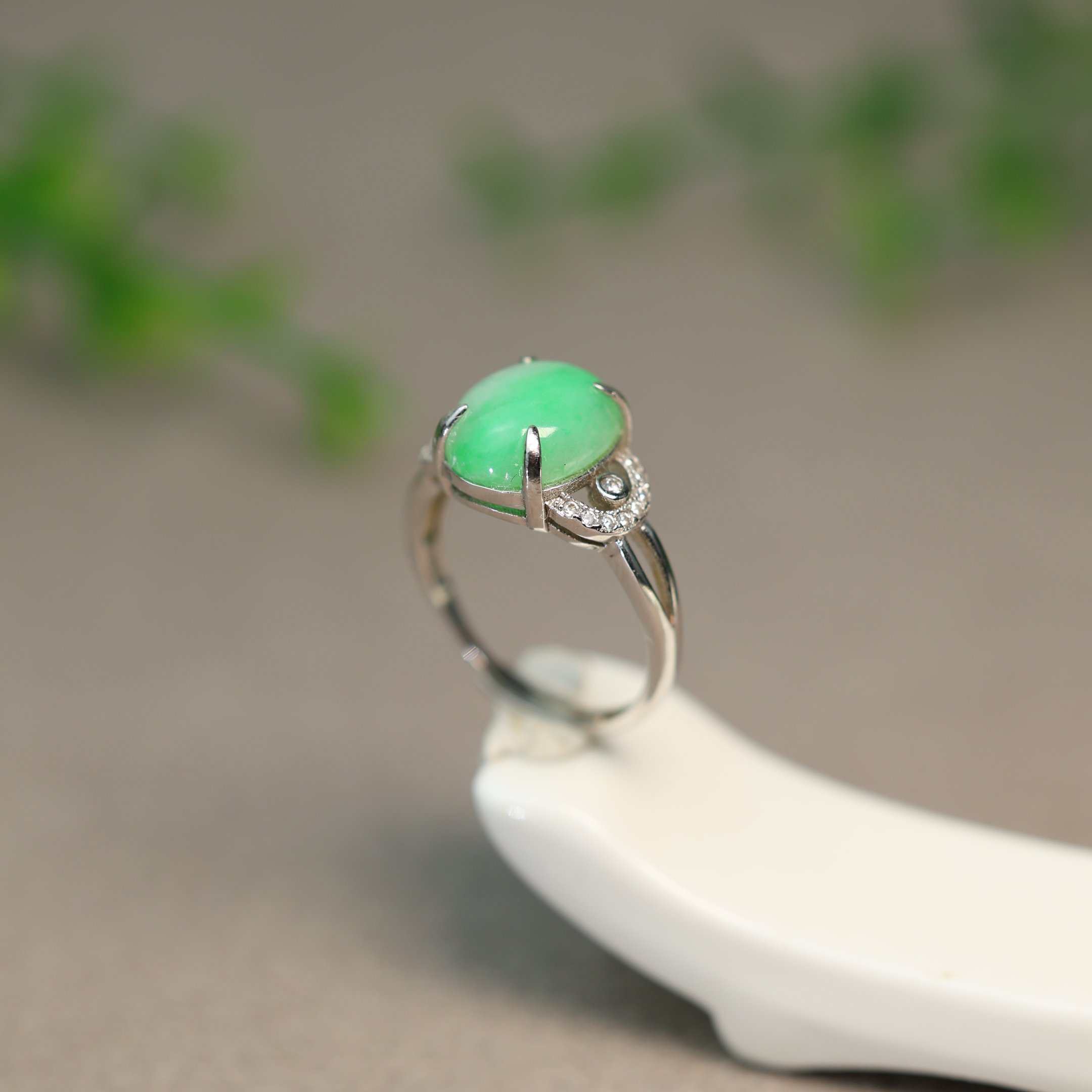 Green Burmese natural grade A jadeite cabochon ring