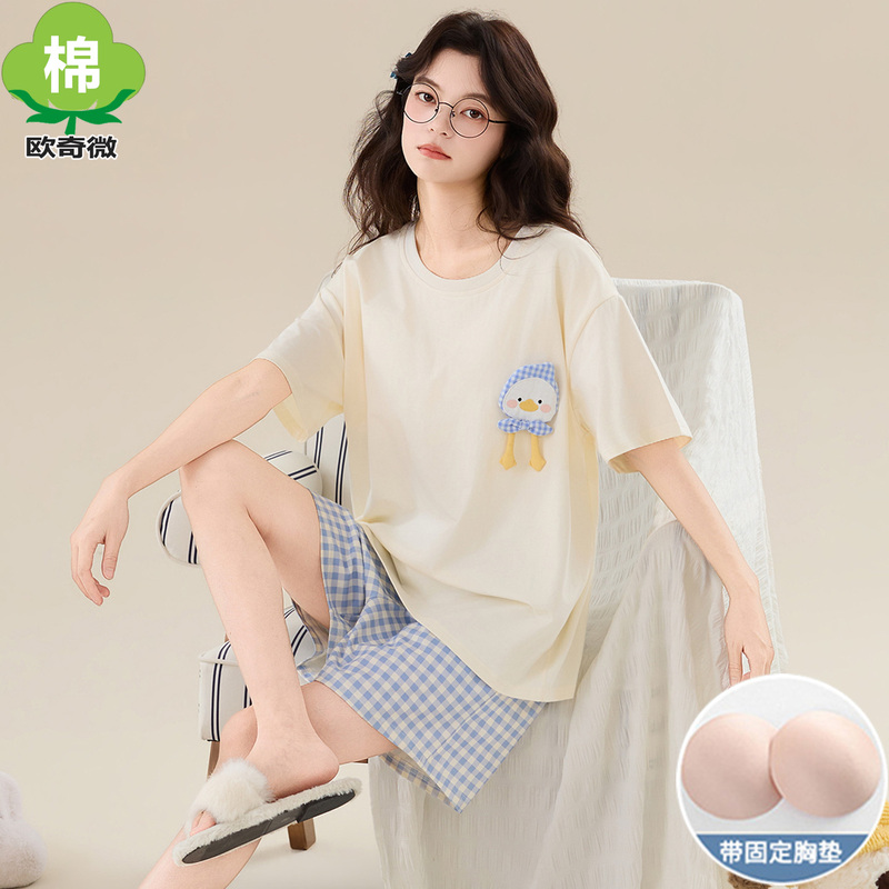 Junior High School Students' Pure Cotton Pajamas for Girls in Summer with Chest Pads, Short-Sleeved, Cartoon Home Clothes for Teenagers, Girls, and Older Children, Thin Style