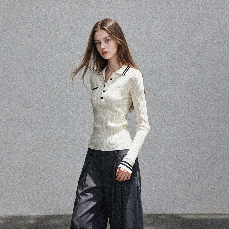 White Polo Collar Long-Sleeve Knit Top for Women, Autumn Striped Pullover Base Shirt, Inner Sweater, Slim Fit Tight Top White Polo Collar Long-Sleeve Knit Top for Women, Autumn Striped Pullover Base Shirt, Inner Sweater, Slim Fit Tight Top