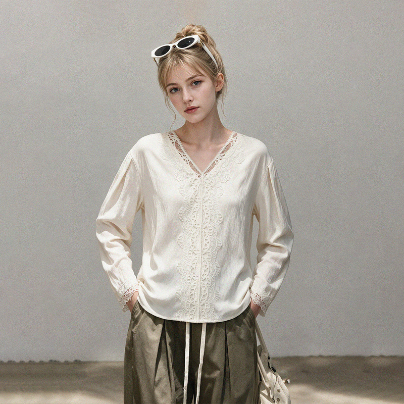 White Lace V-Neck Long-Sleeve Floral Shirt for Women, Autumn High-End Hollow-Out Casual Blouse with Silk Texture and Elegant Style White Lace V-Neck Long-Sleeve Floral Shirt for Women, Autumn High-End Hollow-Out Casual Blouse with Silk Texture and Elegant Style