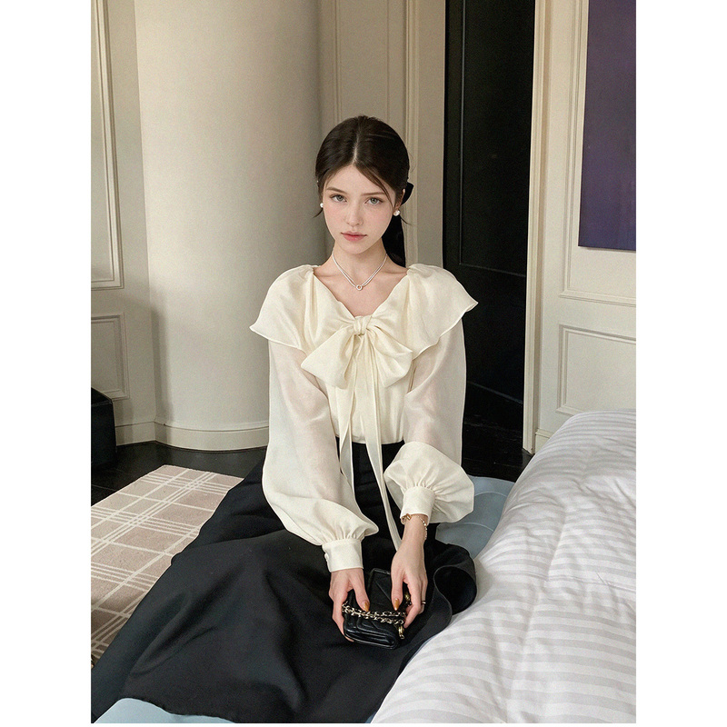 Two-Way Wear Shirt with Bow Tie, Long Sleeves, French Ruffles, Tie-Up, Early Autumn Apricot-Colored Shirt, Loose and Elegant Top Two-Way Wear Shirt with Bow Tie, Long Sleeves, French Ruffles, Tie-Up, Early Autumn Apricot-Colored Shirt, Loose and Elegant Top