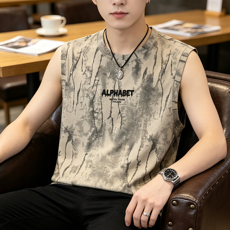 Men's Round Neck Sleeveless 2026 Summer Sports Vest Casual Tie-Dye Tank Top American Style New Loose Top T-Shirt