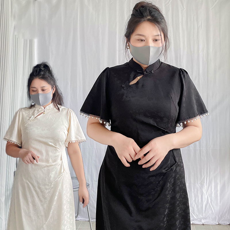 Qipao Plus Size Fat Women's Dress That Covers the Belly, Improved Dress, High-End Slightly Chubby Women's Clothing, Black Engagement Dress