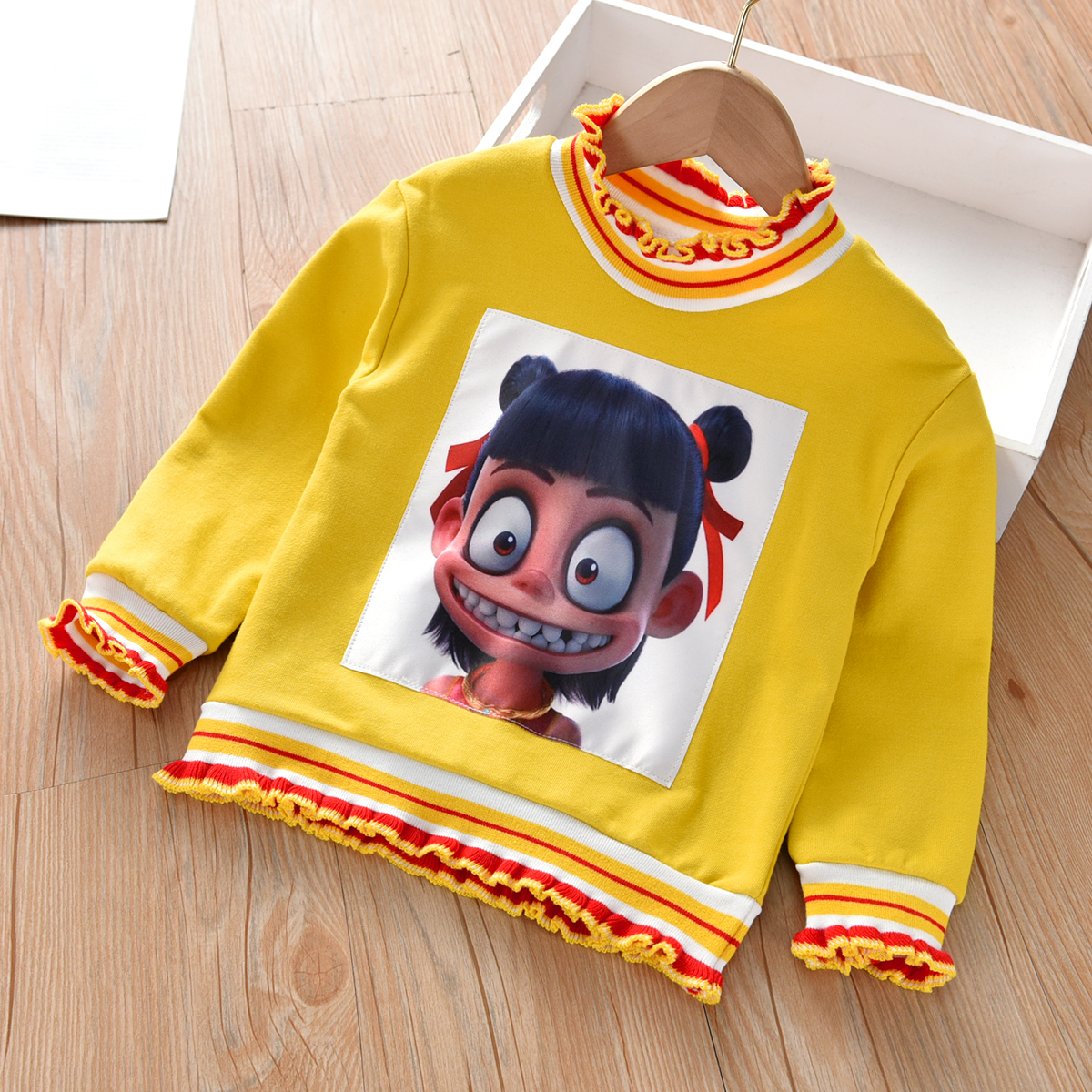 Nezha With Big Yellow Eyesgirl Autumn clothes Undershirt 2020 new pattern Children's wear children pure cotton T-shirt baby Foreign style Long sleeve Crew neck Sweater tide