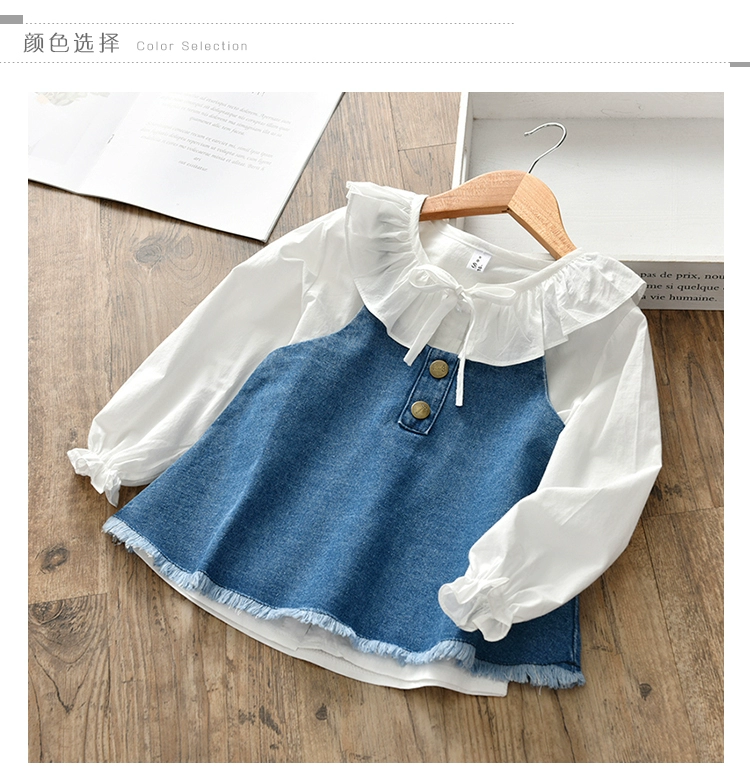 Cô gái Hàn Quốc áo sơ mi cotton + denim sling áo hai dây dài tay nước ngoài nữ kho báu quần áo đáy - Áo sơ mi