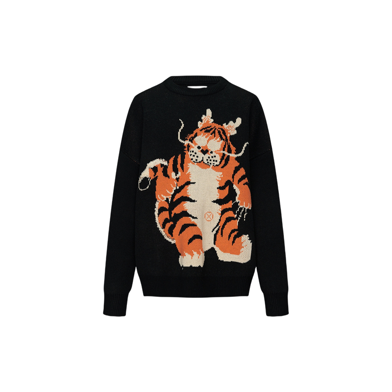 2025 Autumn and Winter Fashion Unisex Tiger Animal Jacquard Sweater Couple Style Round Neck Knitwear Sweater for Women