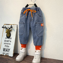 Boy Elastic Jeans Han Version Spring Autumn 2022 New Children Pants Foreign Air Casual Mid Children Baby Long Pants