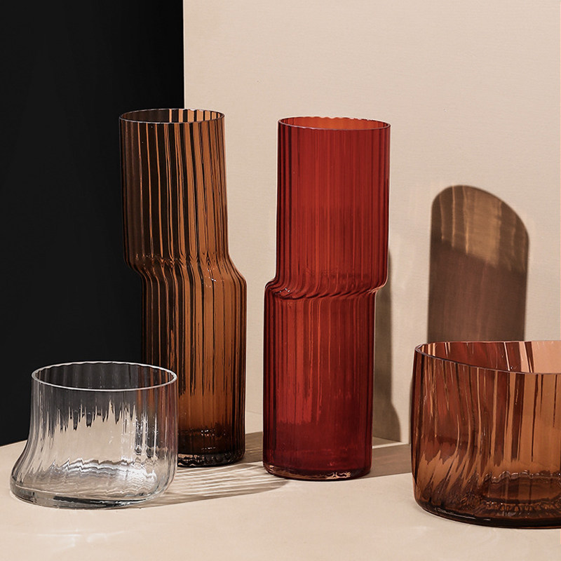 Designer geometric glass vase decoration model room vertical striped vase decoration creative red high style