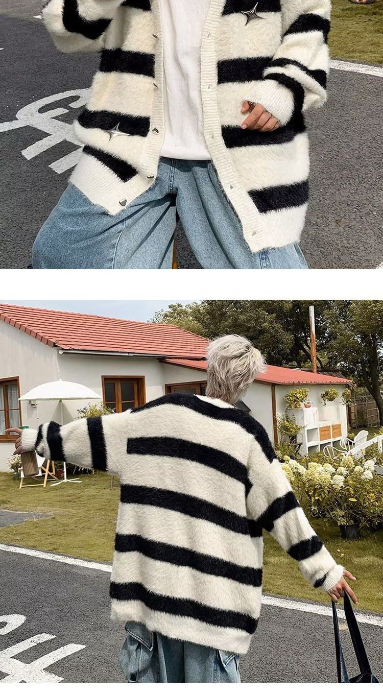 Damen Cardigan Strickjacke Gestreift Lockerer Lazy Style Pullover_voghion.com
