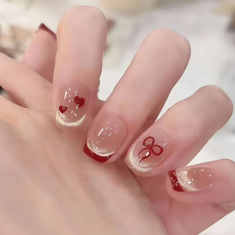2026 New Year Red Short French-Style Handmade Wearable Nails Cute Student Heart Bow Cat Eye Fake Nail Stickers 2026 New Year Red Short French-Style Handmade Wearable Nails Cute Student Heart Bow Cat Eye Fake Nail Stickers