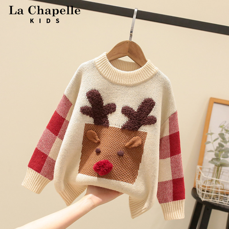 La Chapelle Children's Clothing Girls' Sweater Winter Christmas Reindeer Knitwear Stylish Children's Knitted Thickened Top
