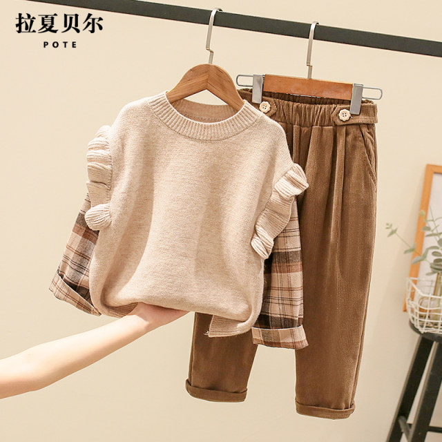 La Chapelle children's clothing girls autumn suit foreign style children's winter clothing fake two-piece sweater casual pants two-piece set tide