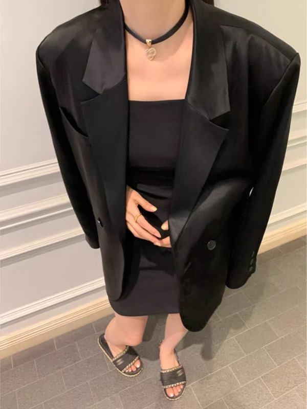 Zhou Miao Spring and Autumn Thin Black Blazer for Petite Women, High-End Design Acetate Satin Glossy Suit