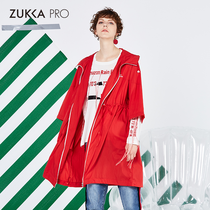 ZUKKA PRO Drucka Xuân Loose stitching bảy tay áo trùm đầu giữa chiều dài cô gái áo rãnh Hit-màu