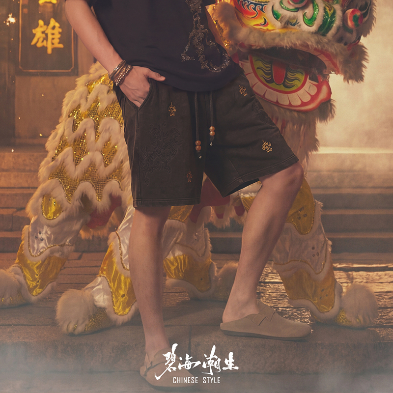 Blue Sea Ripples【Dragon King】Spring and Summer New Chinese Style Pure Cotton Washed Embroidered Shorts