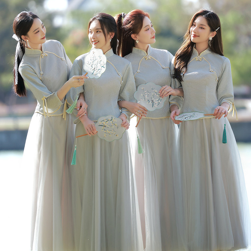 Bridesmaid clothing rental 2022 new autumn and winter sister group skirt niche Chinese style small man wedding dress female rental