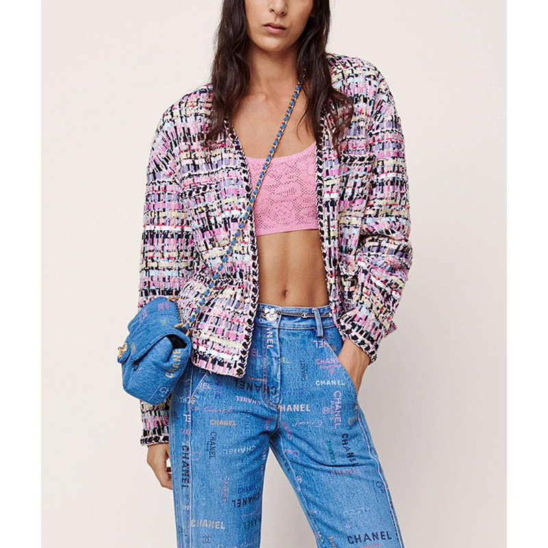 Early Spring New Style Liu Wen's Same Style Tweed Wool Short Coat for Women, Pink Plaid Striped Woven Top