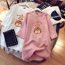 2022 new gestational woman with short sleeve T-shirt female medium long blouse loose Korean version ins big code cartoon printing and compassionate