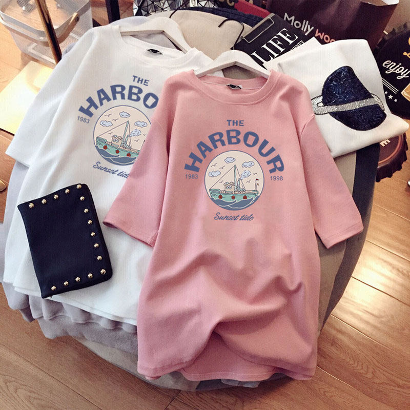 New maternity women's cotton short-sleeved t-shirt mid-length top loose trendy ins bottoming shirt cartoon round neck all-match