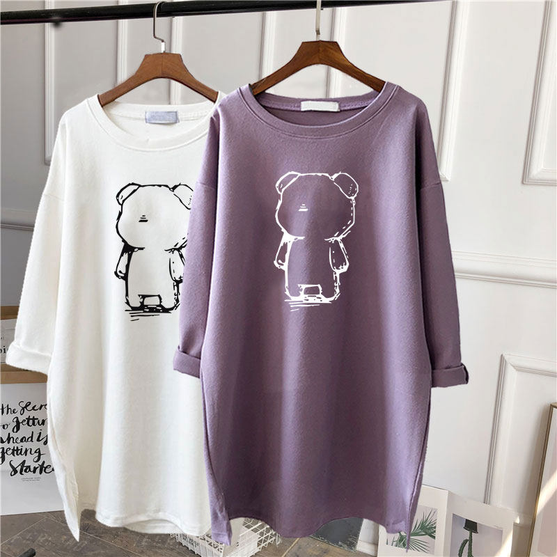 Pure cotton long-sleeved T-shirt women's top mid-length version large size loose Korean version women's bottoming shirt with maternity spring and autumn clothes