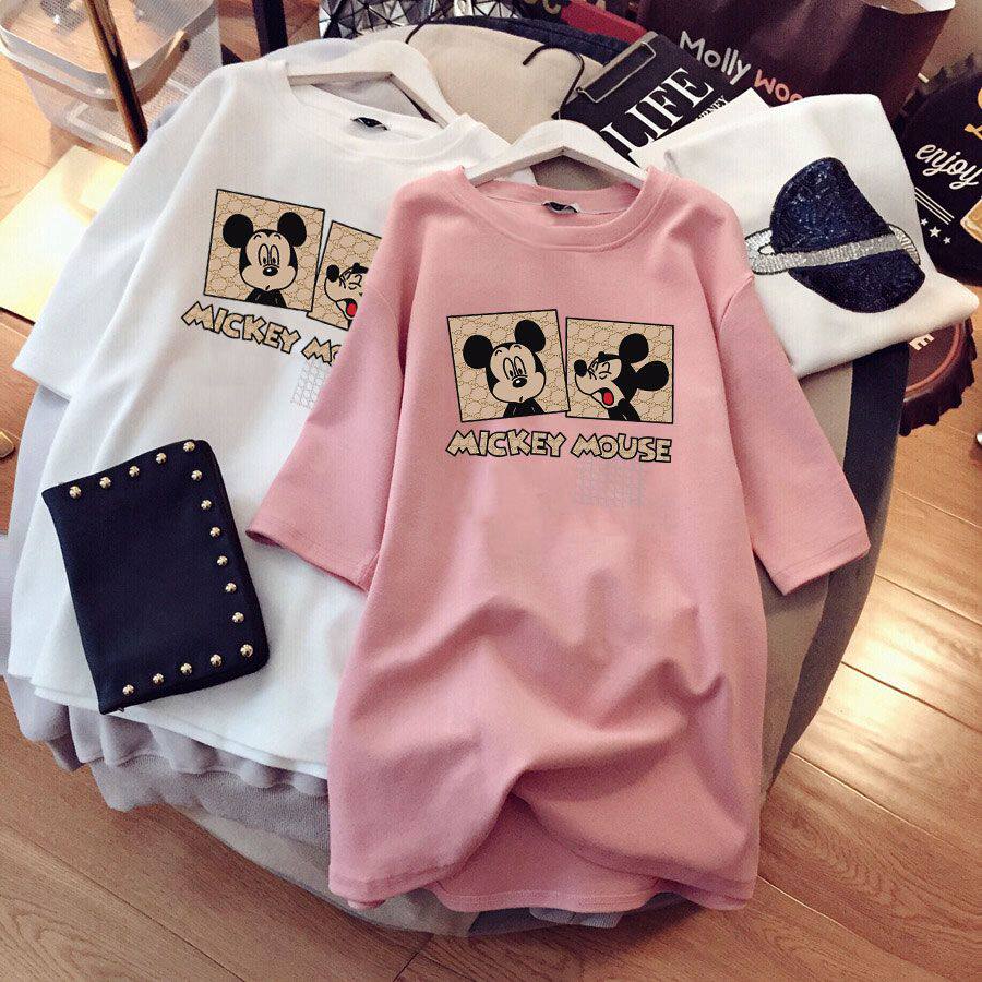 New short sleeve T-shirt female medium long version blouse loose Korean version large size pure cotton gestational woman summer dress slim fit half sleeve