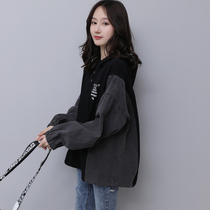 Denim stitching sweater womens Korean version loose bf wind letter printing top Harajuku hooded long-sleeved jacket