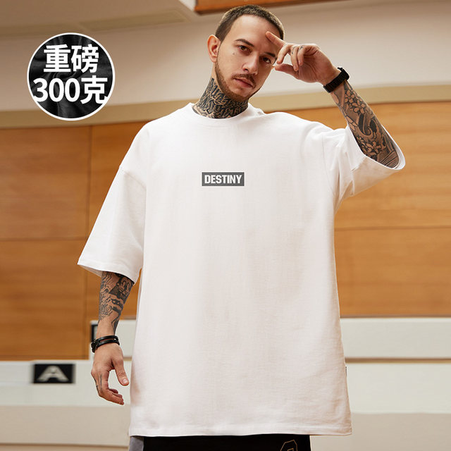 300g heavyweight American letter printed short-sleeved T-shirt street large size black round neck pure cotton simple half-sleeved men's trendy