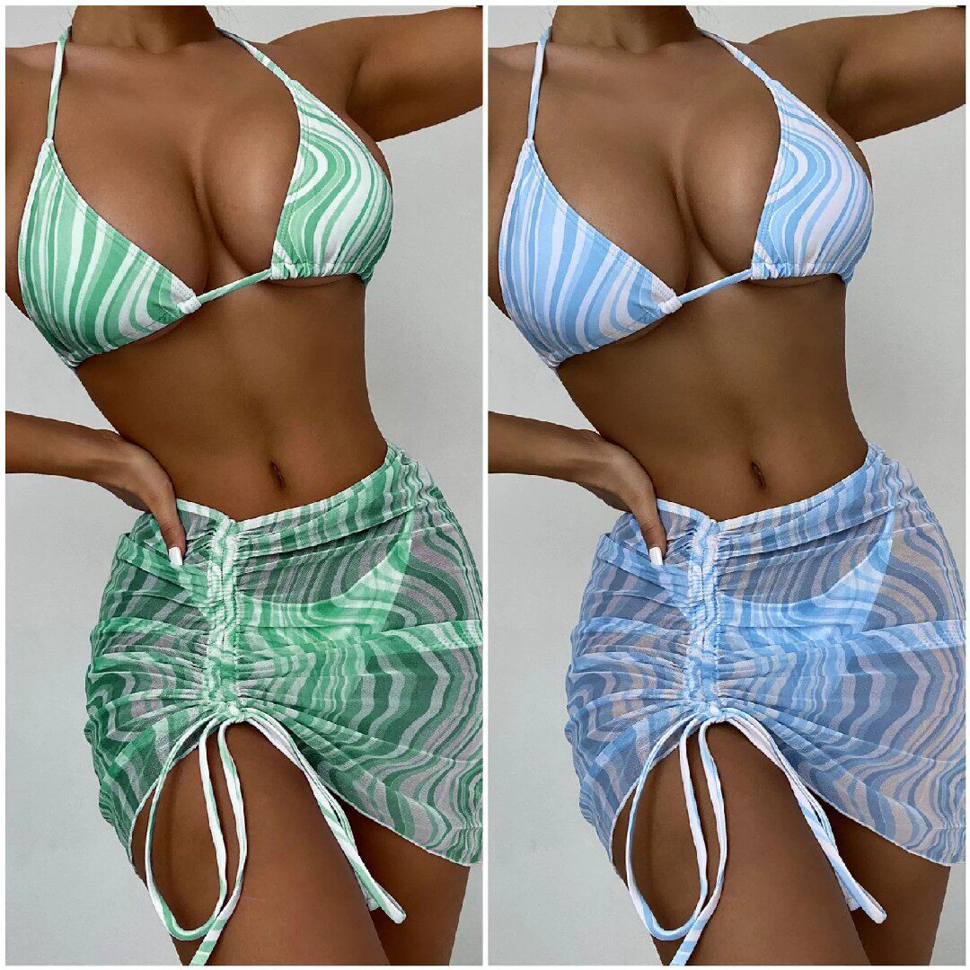 2021 European and American foreign trade ladies Split Swimsuit Wave Textured Sexy Tucked Three Sets Bikini Hot Girl Bikini-Taobao