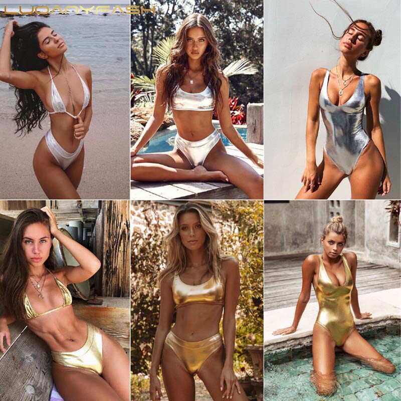 2019 burst women's European and American swimsuit gold bright leather sexy high waist bikini halter one-piece swimsuit bikini
