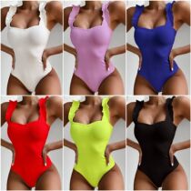 2019 European and American one-piece women bikini solid color wooden ear shoulder strap sexy one-piece swimsuit white bikini