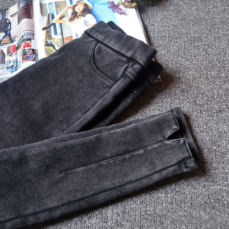 200 pounds chất béo mm mùa thu và mùa đông phiên bản Hàn Quốc cộng với quần legging nhung cao, mặc quần skinny size lớn của phụ nữ giả denim dày áo khoác nữ trung niên