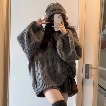 Lazy style retro thickened v-neck loose gray twist sweater for female students autumn and winter korean style versatile sweater trend
