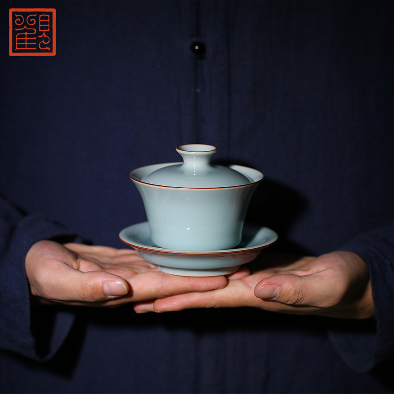 Restoring museum tureen longquan celadon three cups to tureen ceramic kung fu tea set large cover cup tea bowl