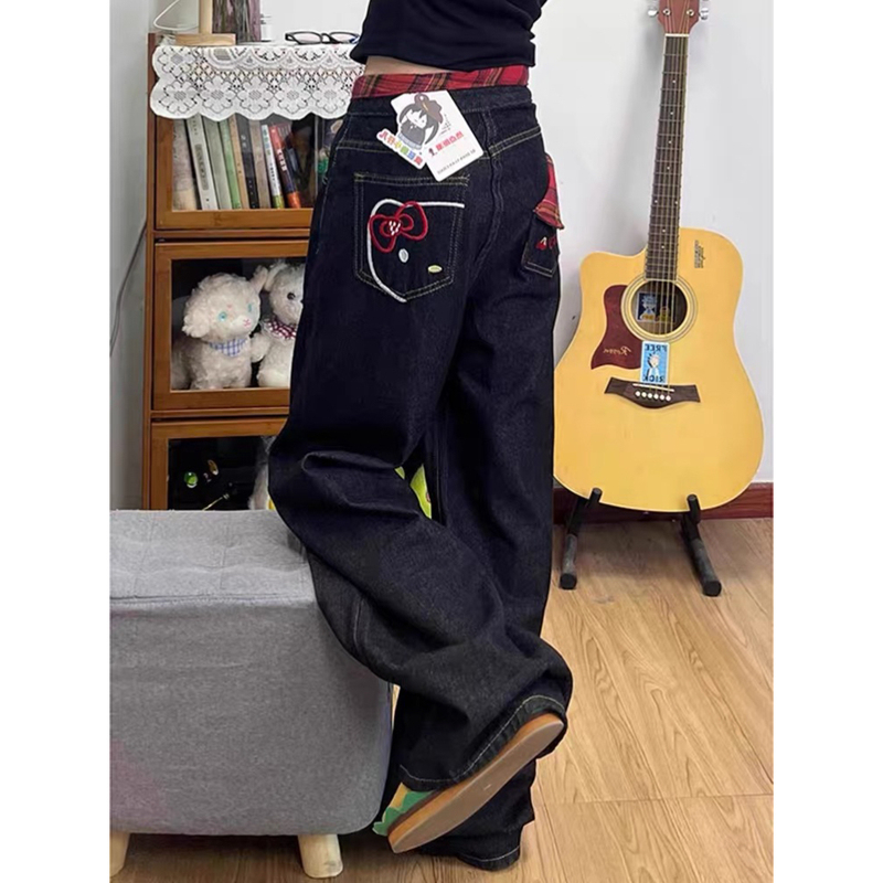 Tall Women's American Retro Plaid Patchwork Wide-Leg Jeans, New High-Waisted Loose Straight-Leg Drapey Floor-Length Pants