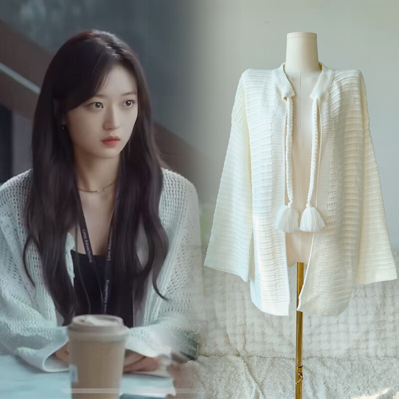 Early Spring Sunny Weather, Shangzhi Taosun's Same Style White Mesh Hollow-Out Loose Long-Sleeve Cardigan, Lazy and Versatile Blouse for Women Early Spring Sunny Weather, Shangzhi Taosun's Same Style White Mesh Hollow-Out Loose Long-Sleeve Cardigan, Lazy and Versatile Blouse for Women